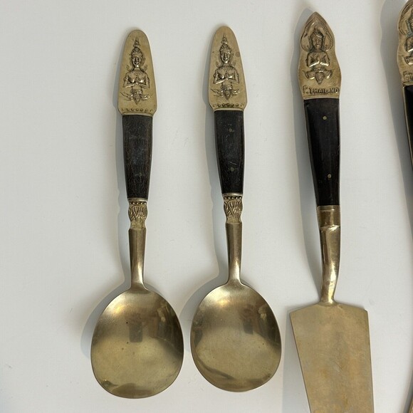 Vintage 9pc Samran Thailand Bronze Wood Serving Set Cake, Spoons, Appetizers 60s - Picture 2 of 12